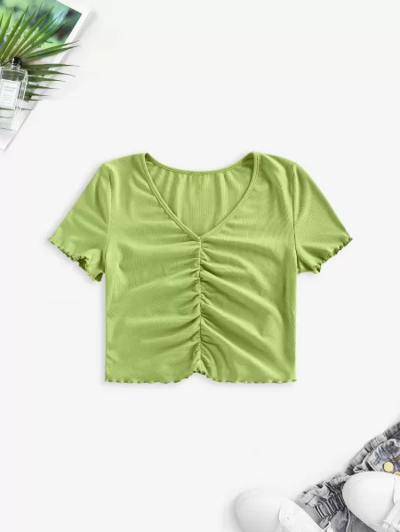 Ribbed Ruched Lettuce Trim T Shirt