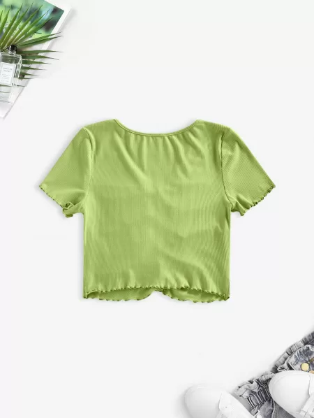 Ribbed Ruched Lettuce Trim T Shirt
