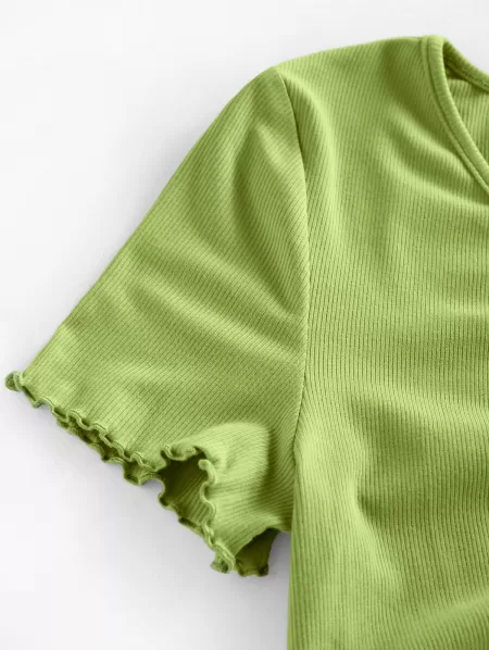 Ribbed Ruched Lettuce Trim T Shirt