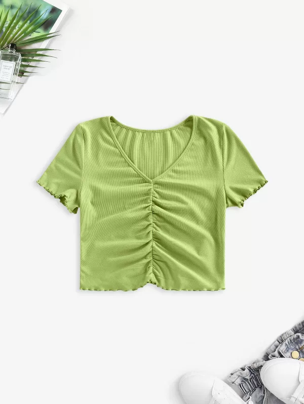 Ribbed Ruched Lettuce Trim T Shirt