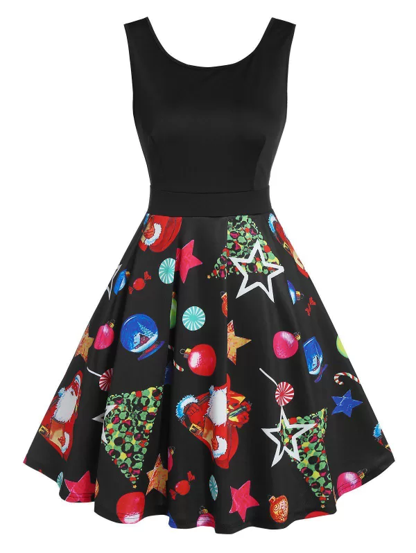 Santa Claus Star Print V Back Flare Dress