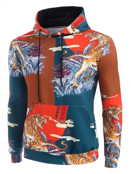 Sea Waves Tiger Graphic Print China Style Hoodie
