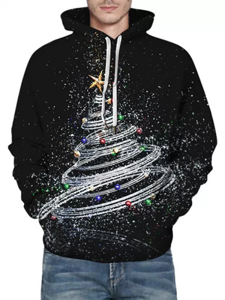 Shiny Christmas Tree Graphic Front Pocket Casual Hoodie