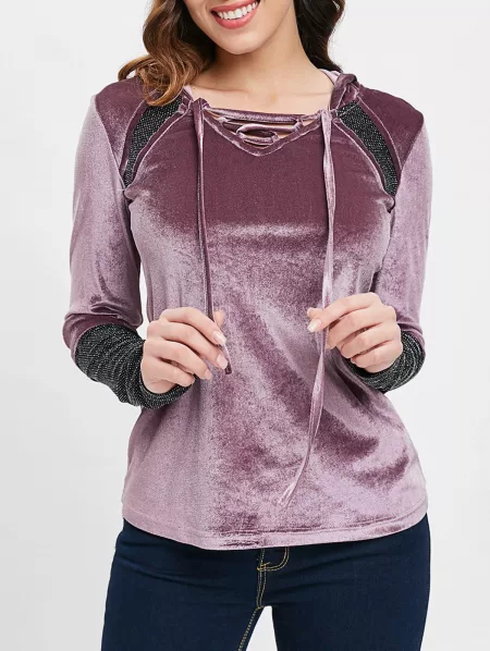 Shiny Panel Long Sleeve Velvet Hooded T-shirt