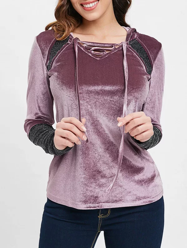 Shiny Panel Long Sleeve Velvet Hooded T-shirt