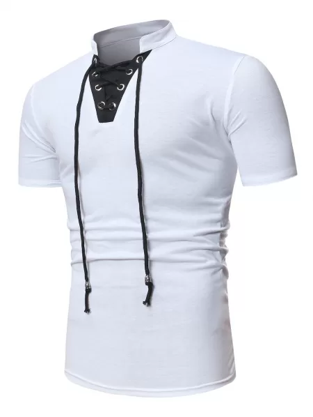 Short Sleeve Lace-up Contrast T-shirt