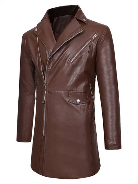 Side Zipper Slim Fit Pu Leather Coat