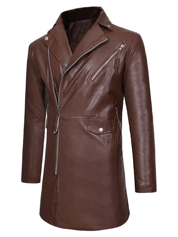 Side Zipper Slim Fit Pu Leather Coat