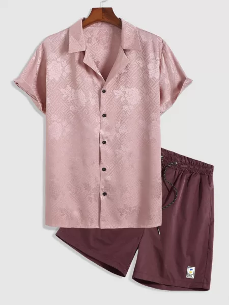 Silky Retro Jacquard Shirt With Drawstring Shorts Two Piece Set