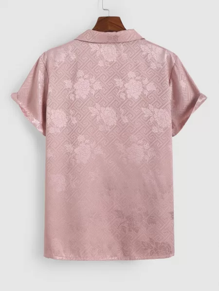 Silky Retro Jacquard Shirt With Drawstring Shorts Two Piece Set