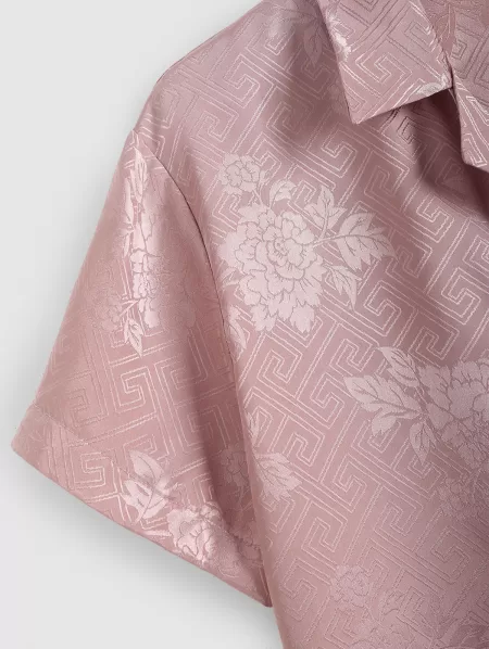 Silky Retro Jacquard Shirt With Drawstring Shorts Two Piece Set