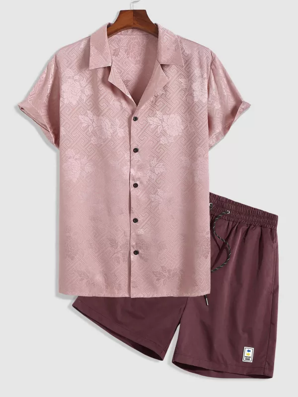 Silky Retro Jacquard Shirt With Drawstring Shorts Two Piece Set