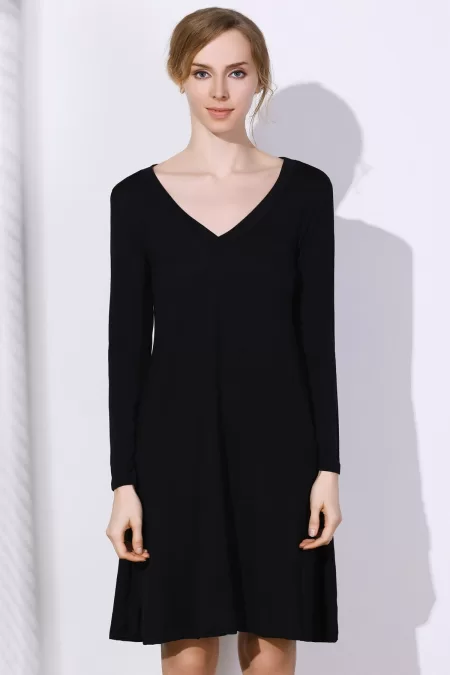 Simple Long Sleeve Plunging Neck Pure Color Women's Dress