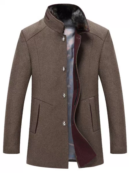 Single-breasted Faux Fur Collar Wool Blend Coat