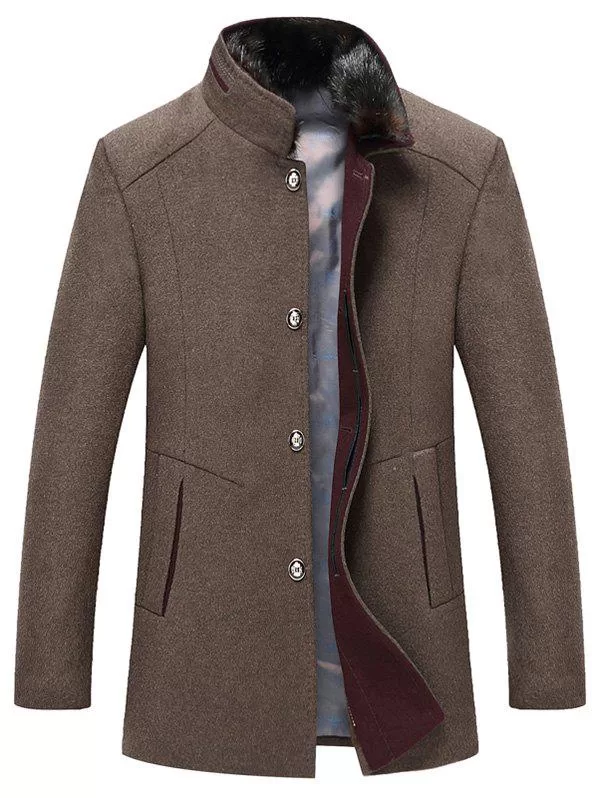 Single-breasted Faux Fur Collar Wool Blend Coat