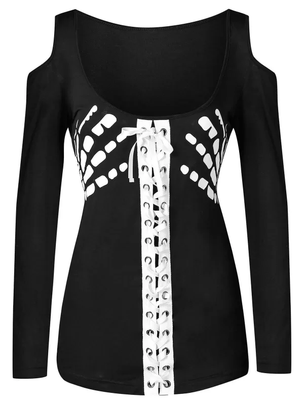Skeleton Print Cold Shoulder Lace Up T-shirt