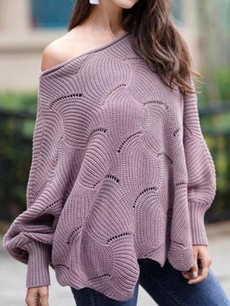 Skew Neck Openwork Batwing Sleeve Sweater