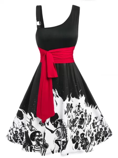 Skew Neck Skeleton Print Halloween Dress
