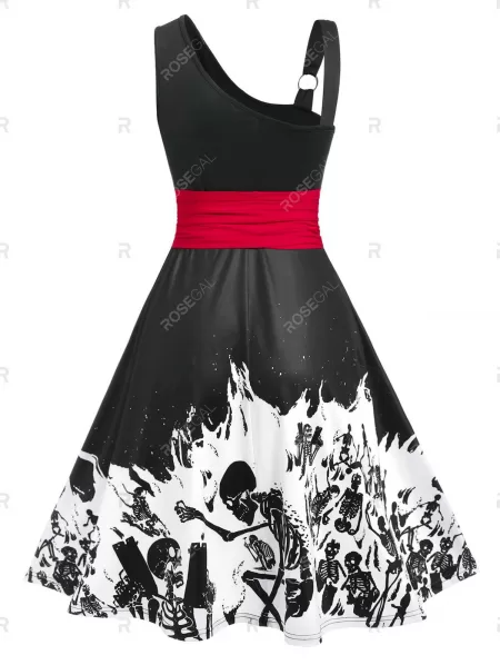 Skew Neck Skeleton Print Halloween Dress