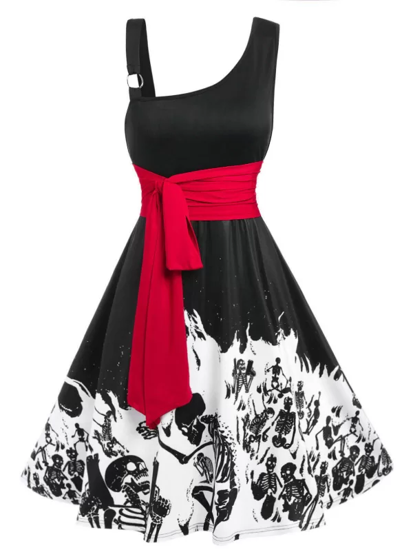 Skew Neck Skeleton Print Halloween Dress