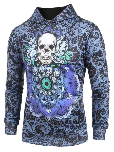 Skull Floral Print Casual Hoodie