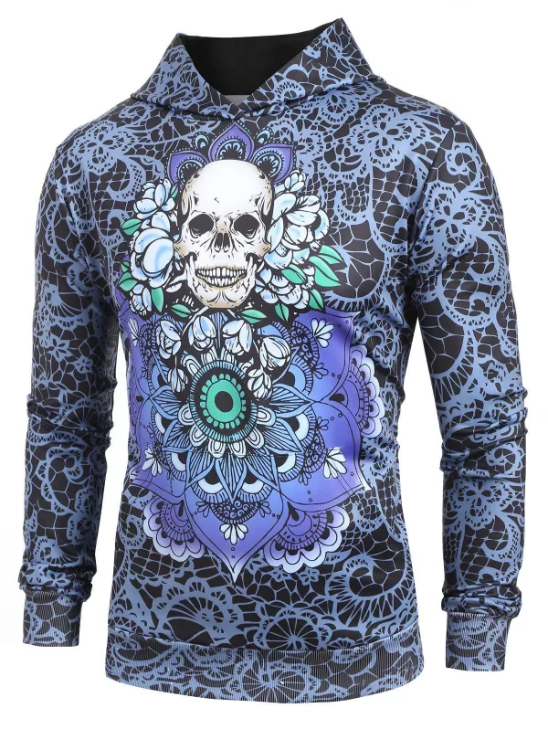 Skull Floral Print Casual Hoodie