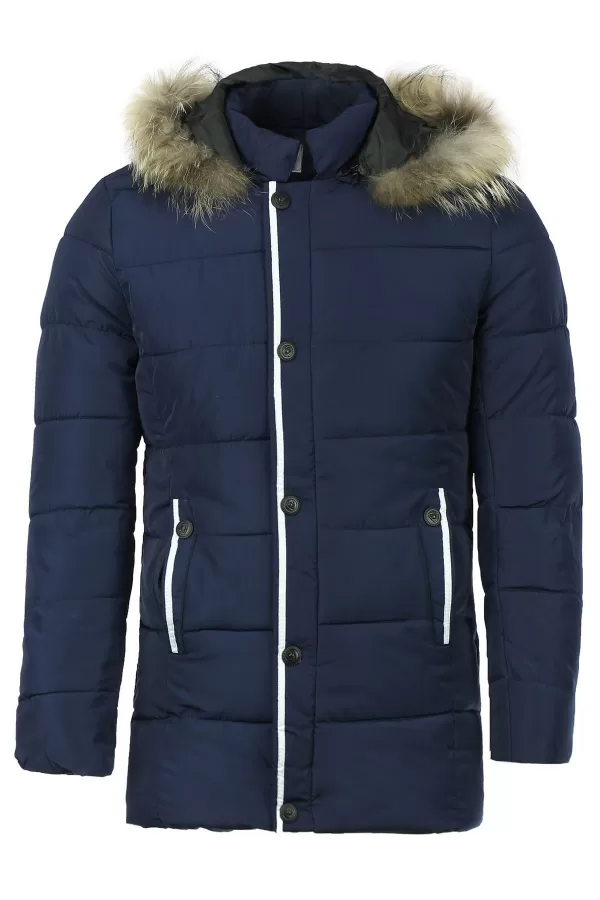 Slimming Detachable Hooded Striped Braid Spliced Patch Pocket Men's Long Sleeves Coat