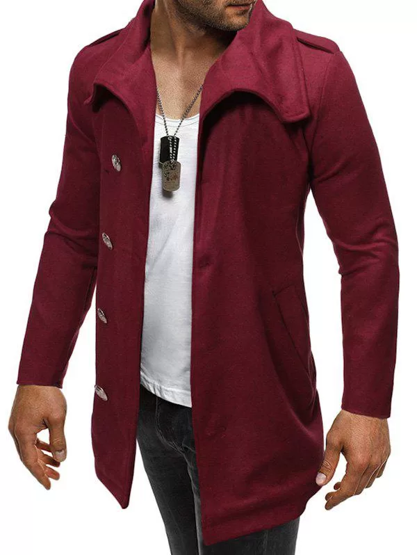 Solid Color Button Zipper Hem Woollen Coat