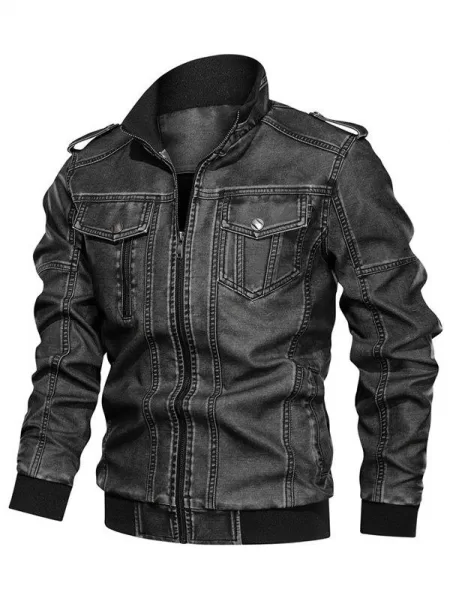 Solid Color Faux Leather Cargo Jacket