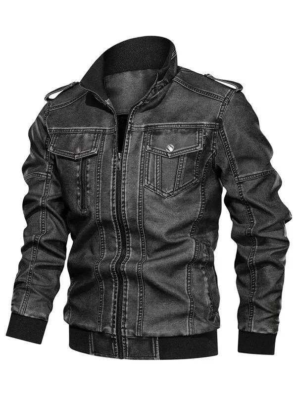 Solid Color Faux Leather Cargo Jacket