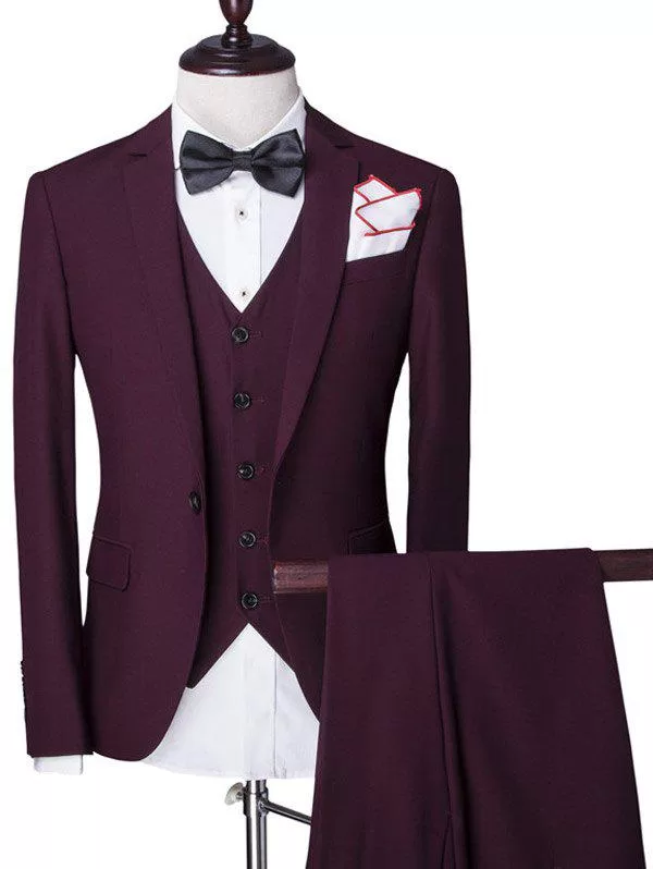 Solid Color Single Breasted Lapel Long Sleeve Men's Three-piece Suit ( Blazer + Waistcoat + Pants )