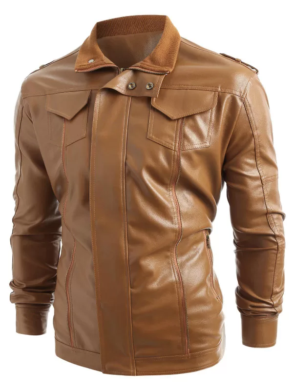 Solid Color Zip Fly Pu Jacket