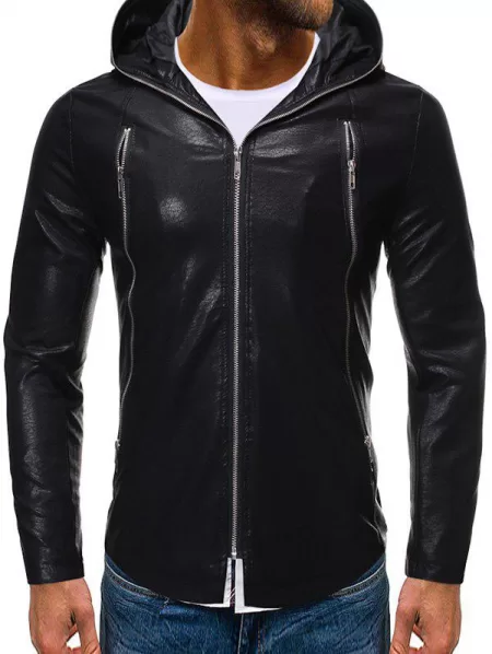 Solid Color Zipper Faux Leather Hooded Jacket