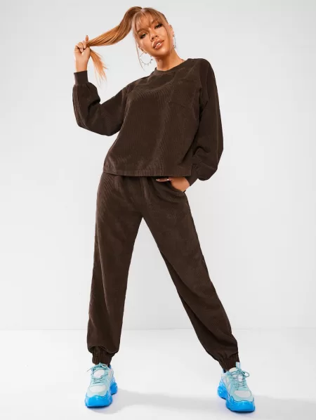 Solid Front Pocket Corduroy Tracksuit