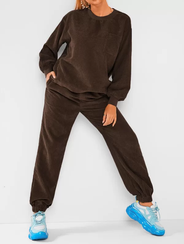 Solid Front Pocket Corduroy Tracksuit