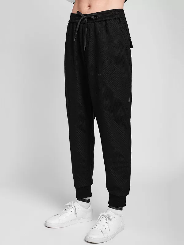 Solid Textured Letter Ribbon Pocket Fleece Jogger Pants