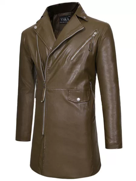 Solid Zipper Up Pocket Pu Trench Coat