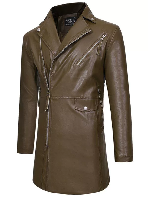 Solid Zipper Up Pocket Pu Trench Coat