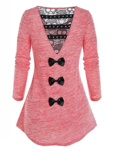 Space Dye Back Lace Insert Rhinestone Longline T Shirt