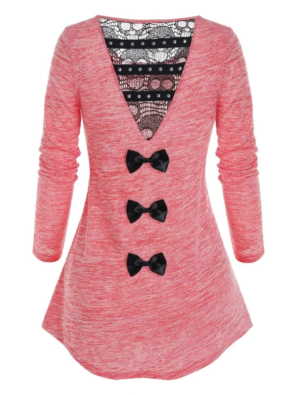 Space Dye Back Lace Insert Rhinestone Longline T Shirt