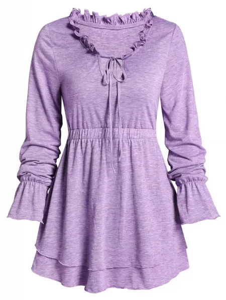 Space Dye Print Poet Sleeve Ruffle Layered T-shirt