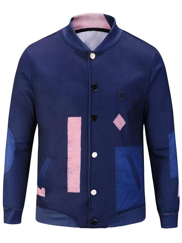 Stand Collar Button Up Color Block Jacket