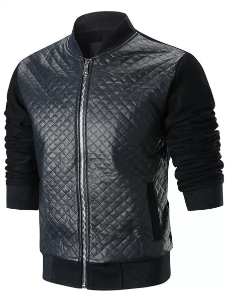 Stand Collar Checker Faux Leather Jacket