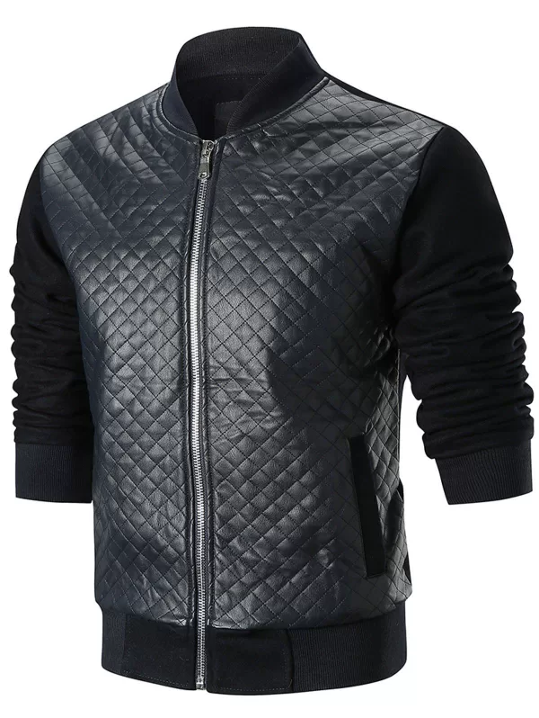 Stand Collar Checker Faux Leather Jacket