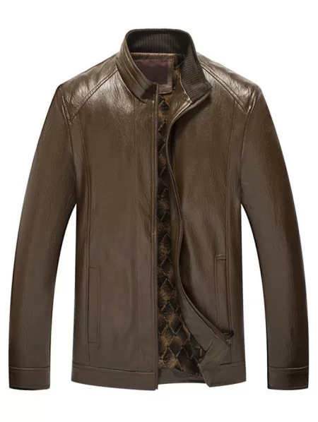 Stand Collar Zip Fly Pu Leather Jacket
