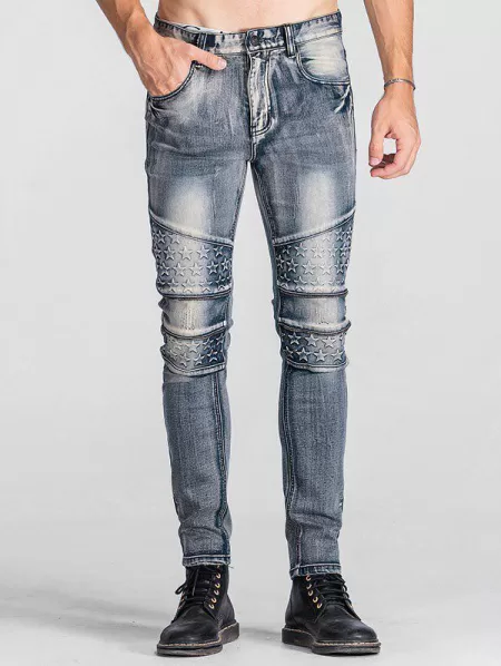 Star Emboss Zip Teeth Embellished Jeans