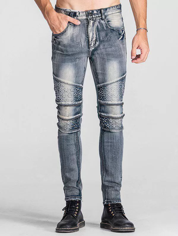 Star Emboss Zip Teeth Embellished Jeans