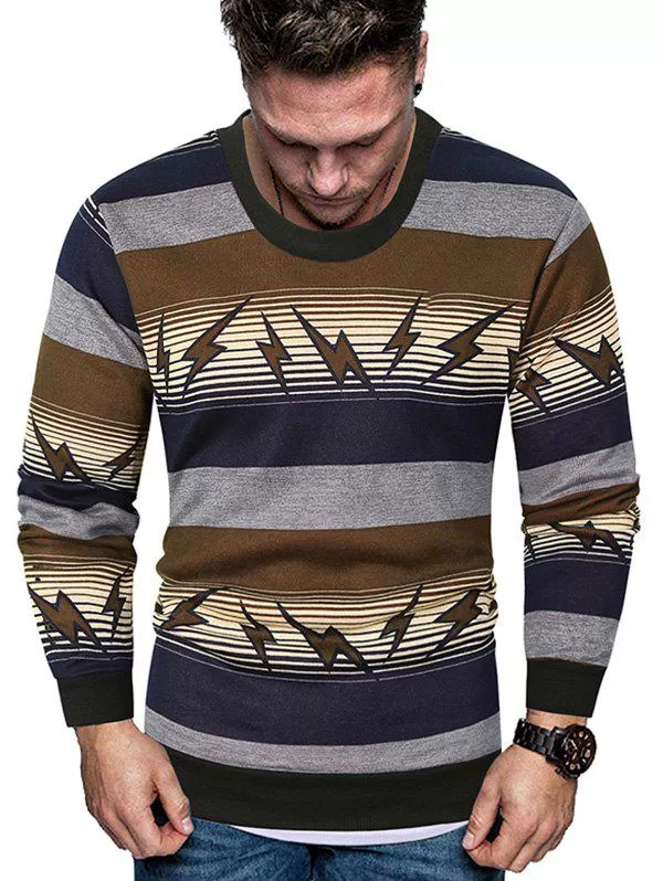 Striped Lightning Graphic Crew Neck Fleece Sweater