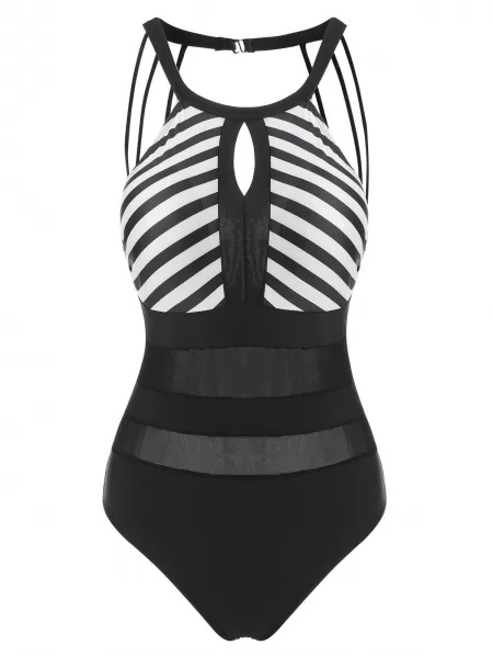 Striped Mesh Panel Keyhole Sheer One-piece Swimsuit
