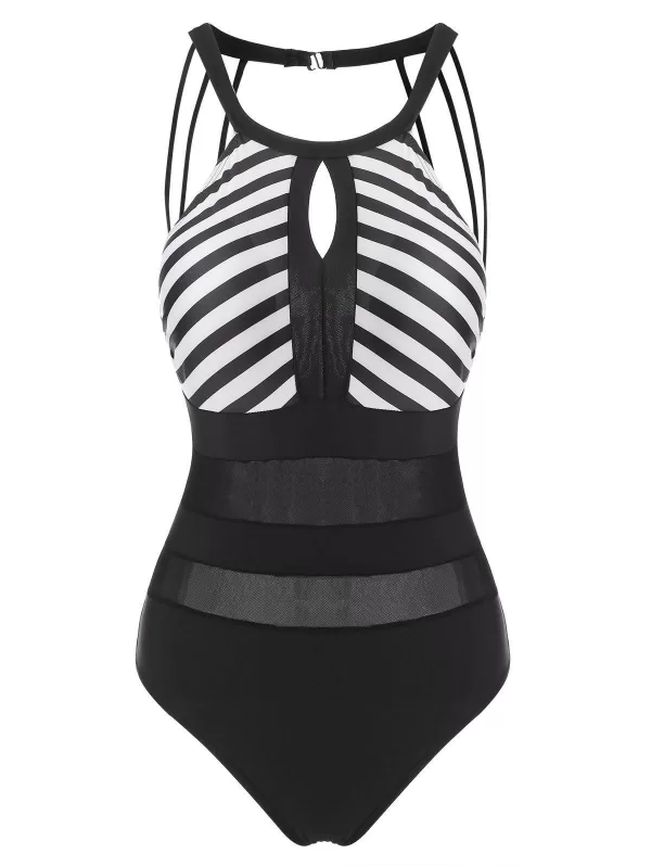 Striped Mesh Panel Keyhole Sheer One-piece Swimsuit